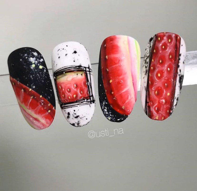 сочные фрукты на миндалевидной форме ногтей – тренд 2019